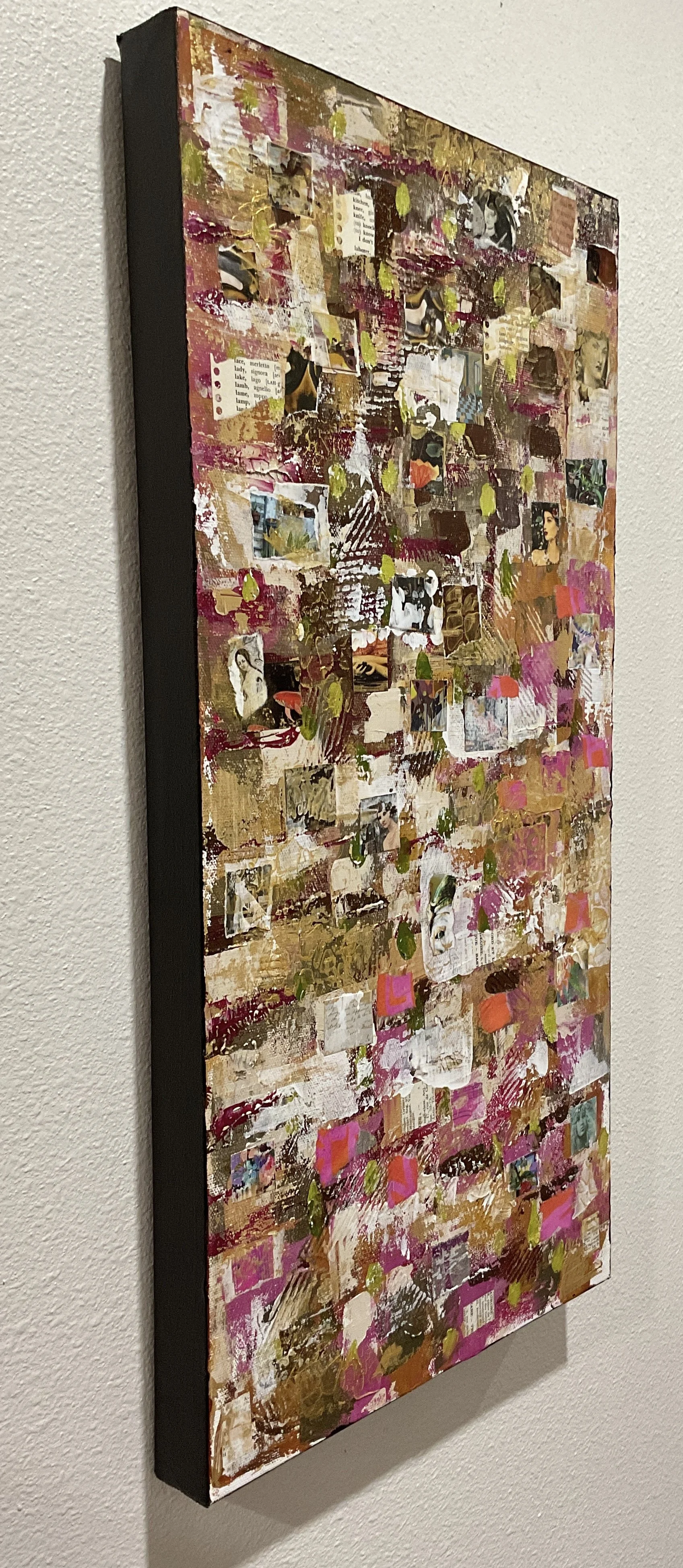 Side view of 12’ x 24” canvas, showing thick paint texture and gloss black 1.5” deep gallery edges