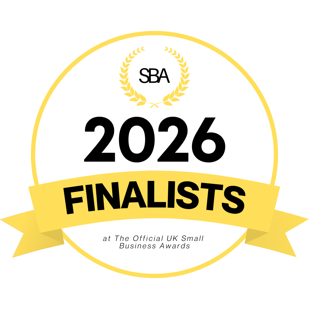 Estate agency Award badge winner stating 'SBA 2026 Finalists at The Official UK Small Business Awards' with gold laurels and a yellow ribbon.