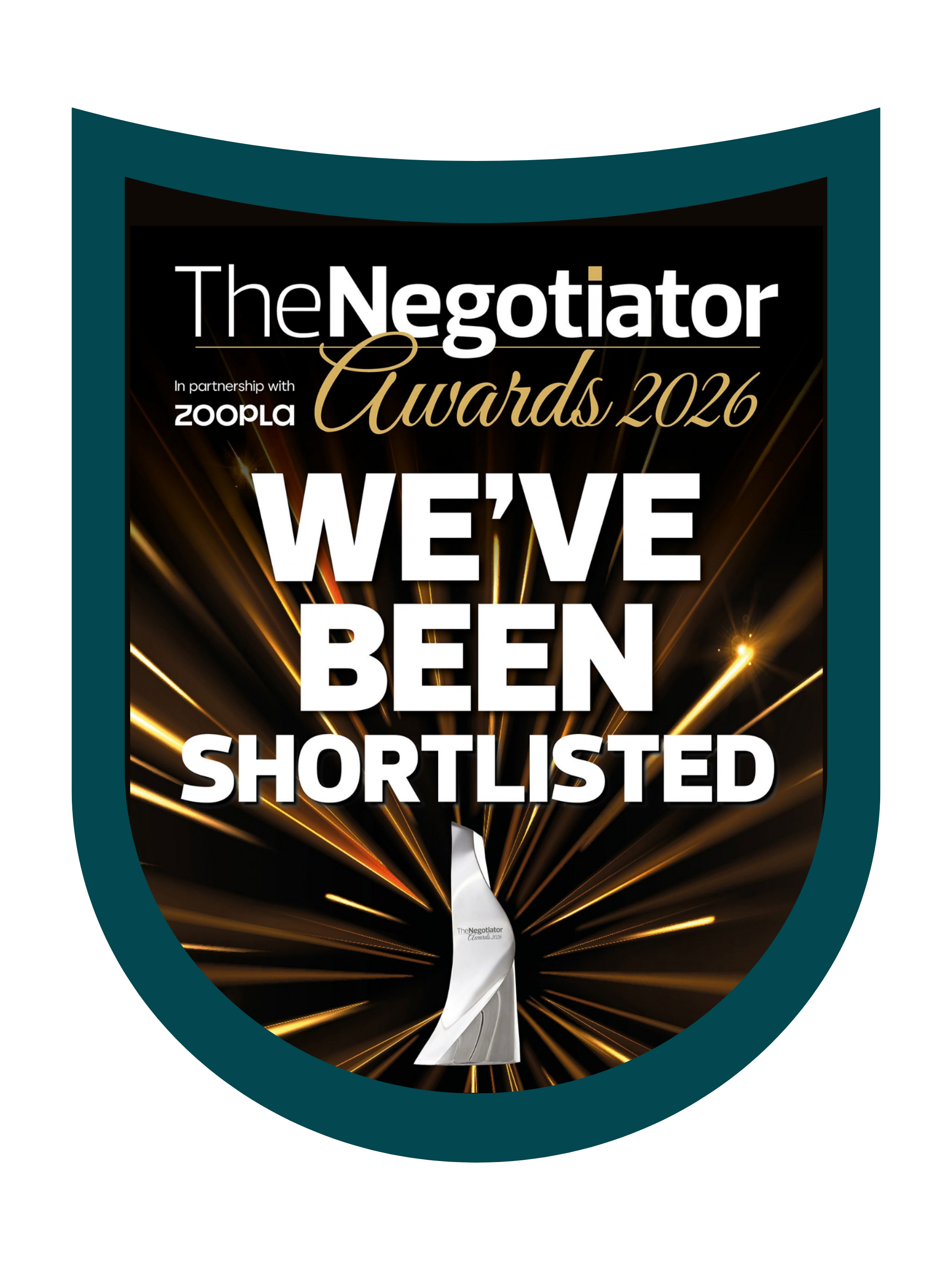 Award trophy with a black background and gold fireworks, celebrating The Negotiator Awards 2026 in partnership with Zoopla.