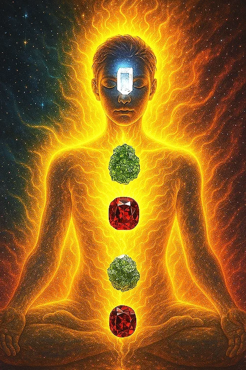 Illustration of a person with closed eyes surrounded by glowing yellow energy, with symbols on the body representing the seven chakras, in a cosmic background.