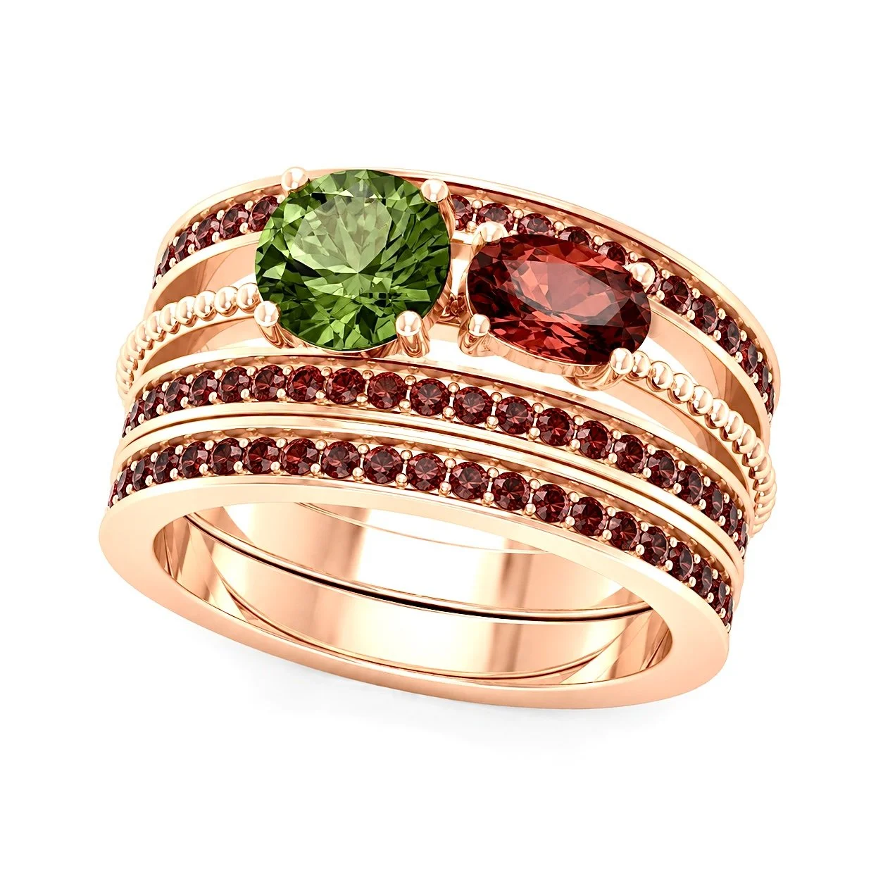 RG387 Rosegold garnet & moldavite Ring DOLVEN