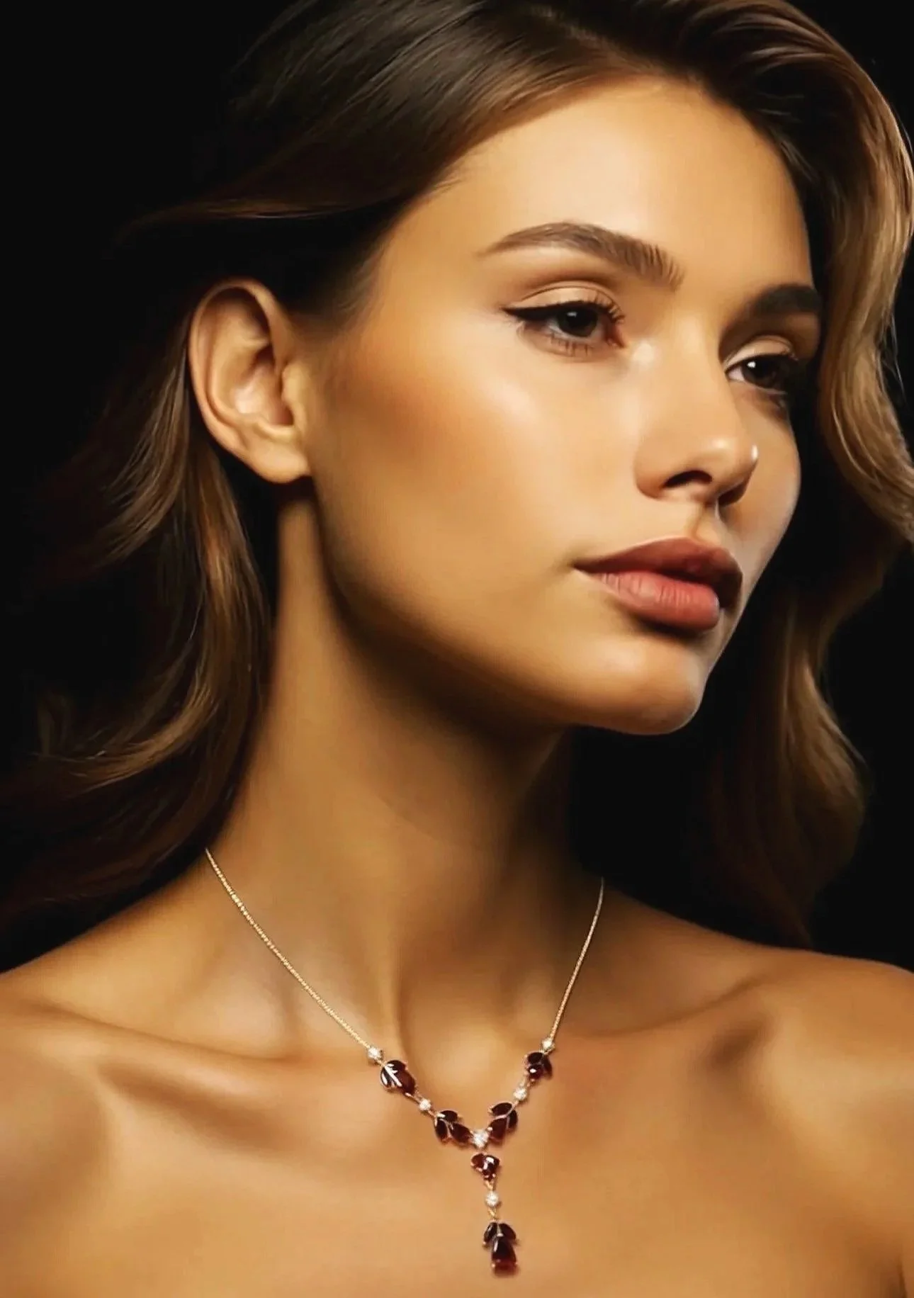 Close-up of a woman with long, wavy brown hair wearing a silver necklace with dark red and clear gemstones.