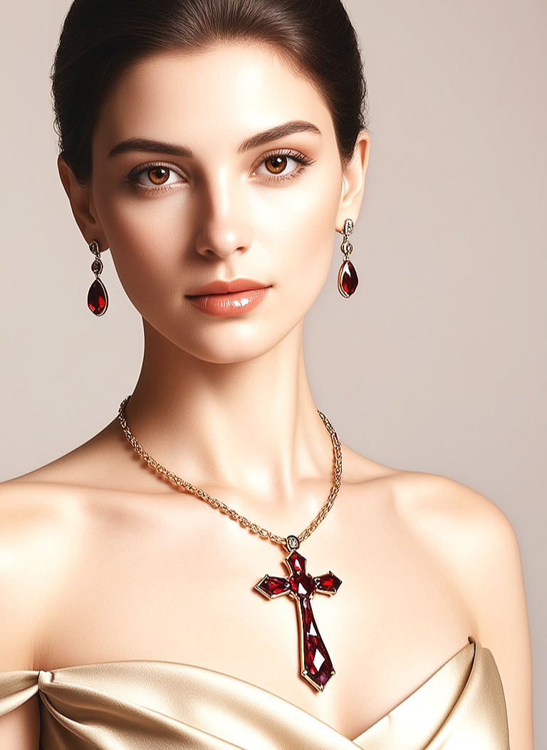 A woman wearing a beige off-shoulder dress with jewelry, including a gold chain necklace with a red gemstone cross pendant and matching red gemstone earrings.