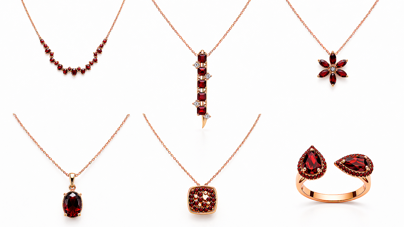 Collection of six jewelry pieces in rose gold with red gemstones and some diamonds, including necklaces, a ring, and earrings.