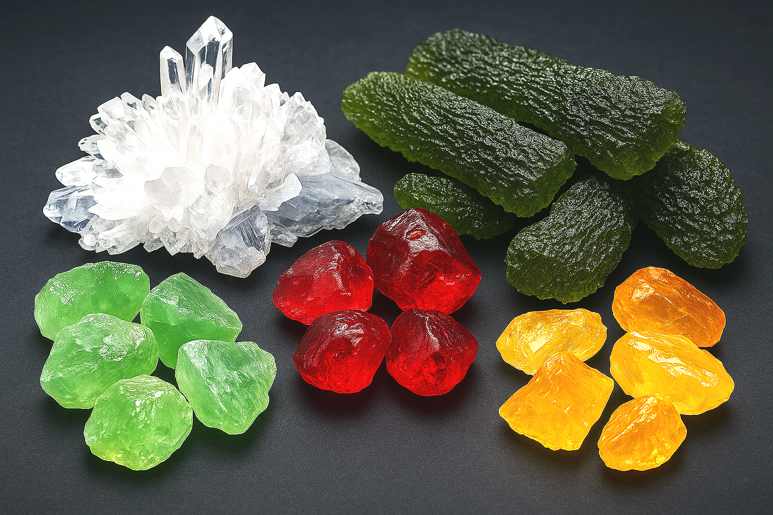 Colorful rock candies in various shapes and colors, including green, red, yellow, and a white crystal formation, on a dark background.