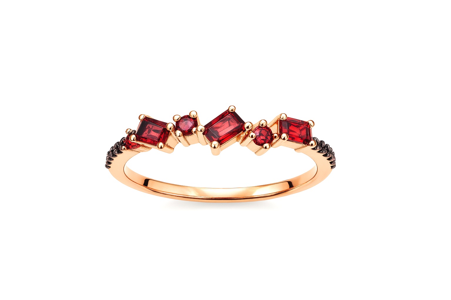 A gold ring with alternating square and round red gemstones.