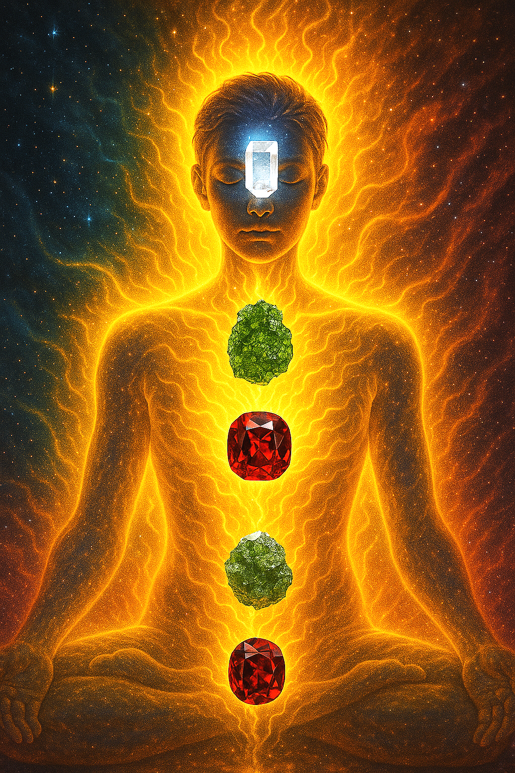 A human figure in meditation with a luminous golden aura, centered in space with stars. The figure has a crystal on the forehead, and three gemstones aligned along the chest: green at the top, red in the middle, and green near the abdomen.