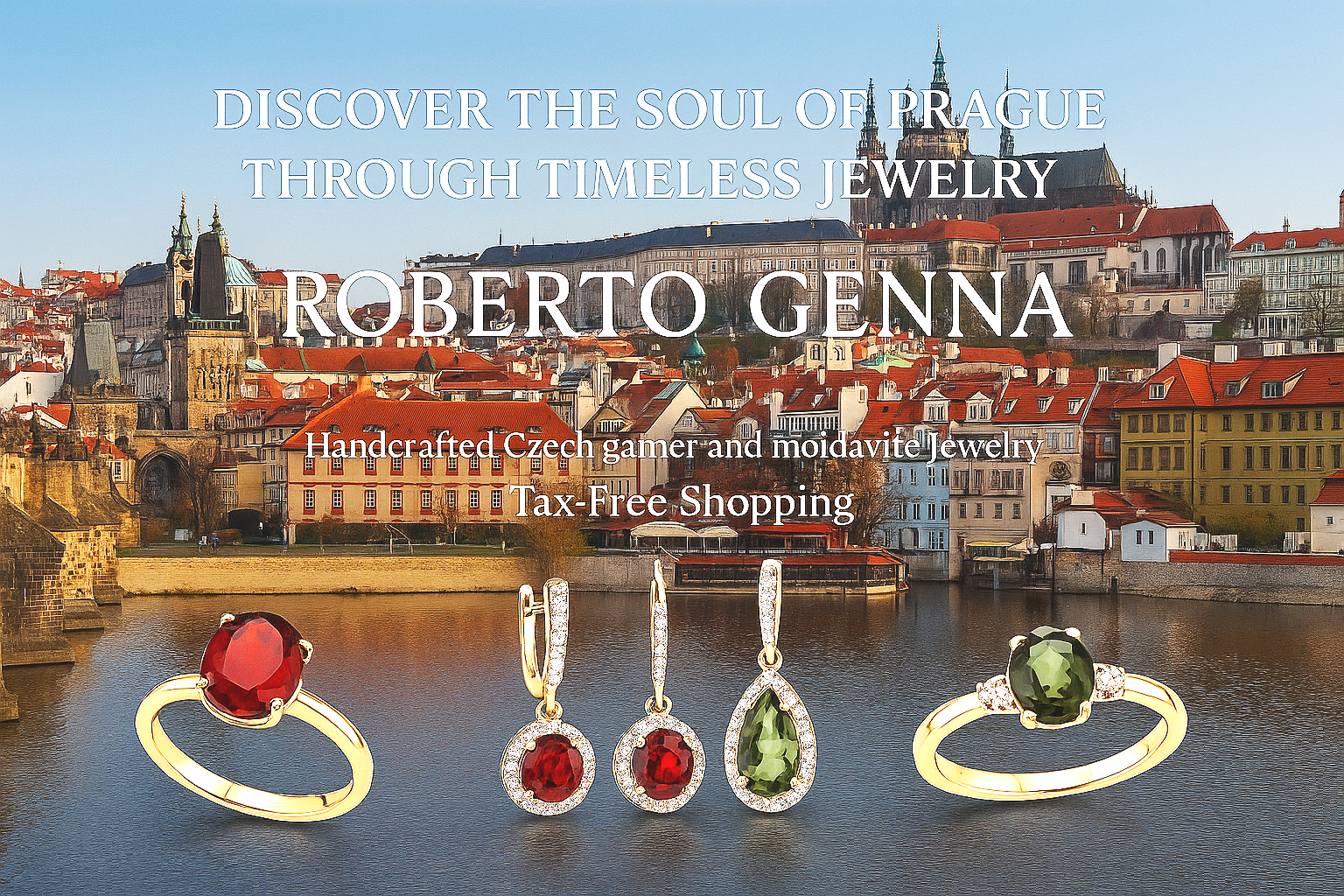 A promotional image for Roberto Genna jewelry featuring a scenic view of Prague with historic buildings and the Vltava River in the background. The image includes rings and earrings with colorful gemstones in the foreground, along with text highlighting handcrafted Czech garnet and moldavite jewelry, tax-free shopping, and discovering the soul of Prague.
