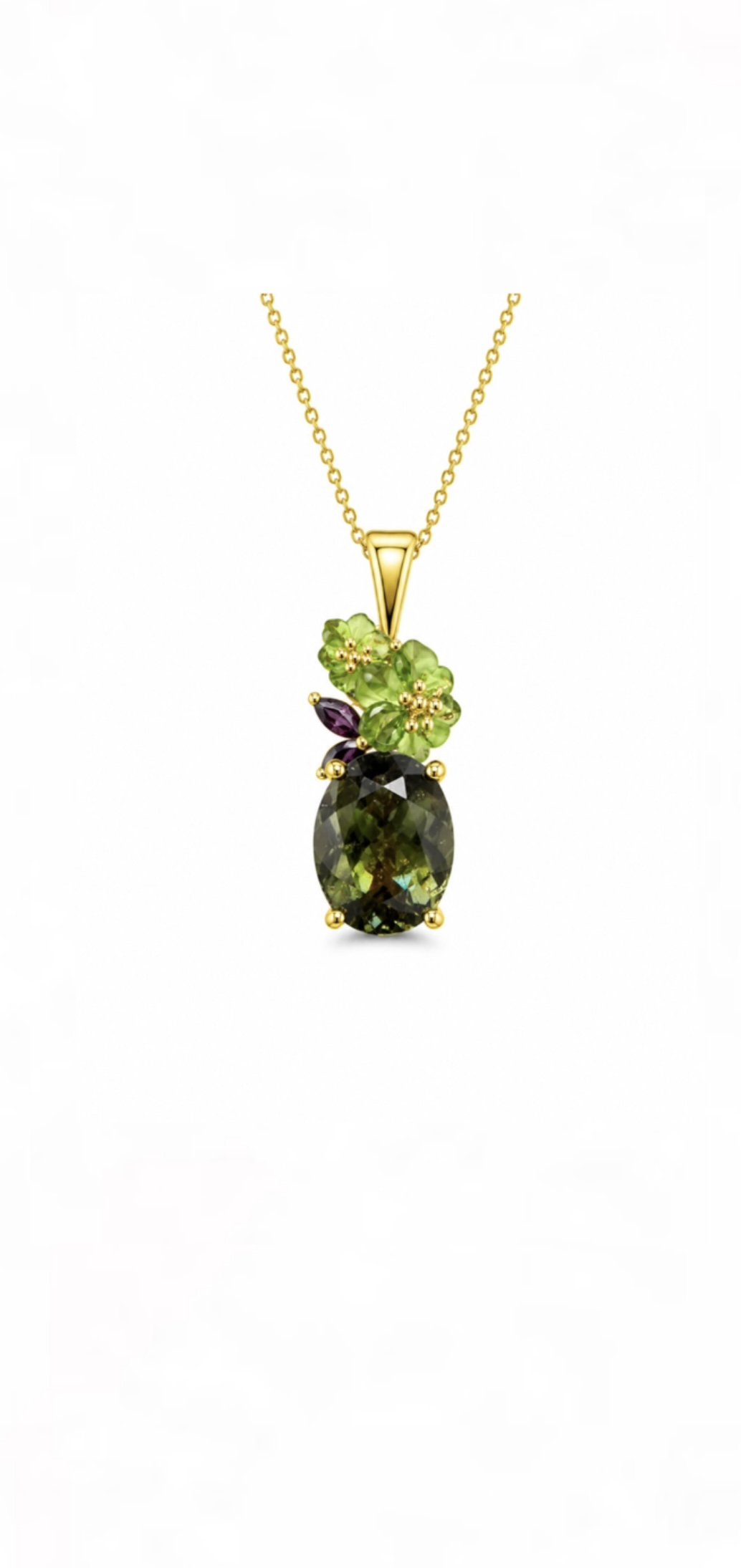 RG 145 Gold garnet moldavite Fan Necklace 14 ct SORYA