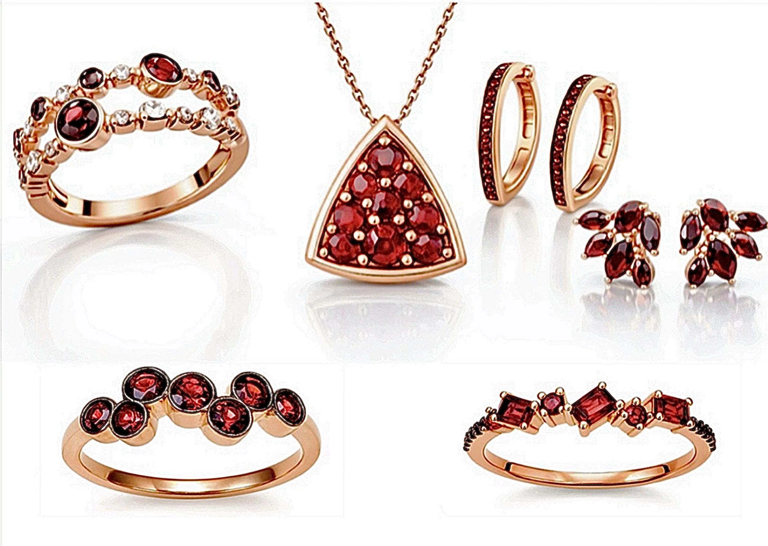 Collection of rose gold jewelry with red gemstones, including rings, a necklace, and earrings on a white background.