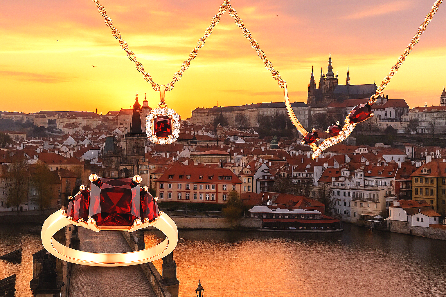Jewelry with red gemstones including a necklace, ring, and bracelet, superimposed over a sunset cityscape with red-tiled roofs and a castle or cathedral.
