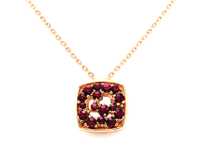 Gold necklace with a square pendant decorated with red gemstones arranged in the shape of the letter S.
