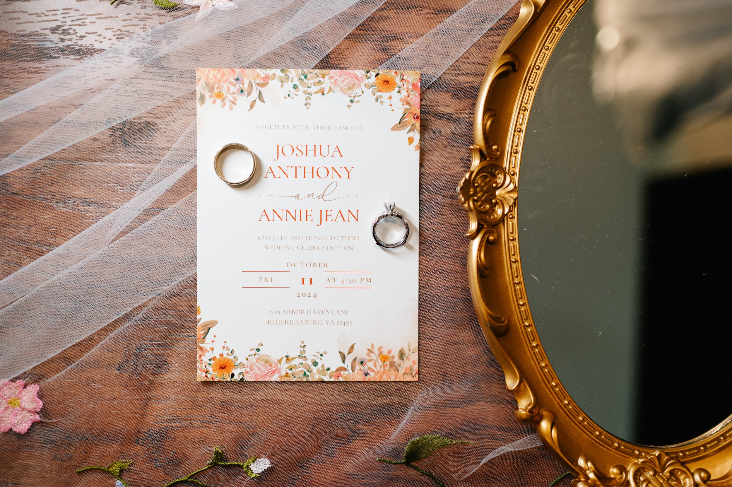 Wedding details at Arbor Haven in Fredericksburg, VA