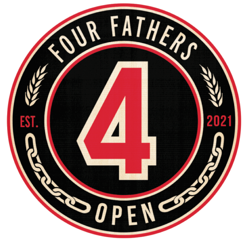 A circular logo for 'Four Fathers Open,' established in 2021, featuring a large red number 4 at the center with a black background, surrounded by text and chain and laurel motifs.