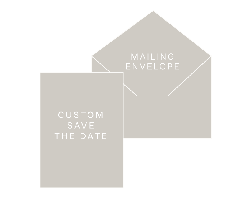 Illustration showing a mailing envelope and a custom Save the Date card, with the envelope positioned behind the card, which is labeled with the text 'CUSTOM SAVE THE DATE' and the envelope labeled with 'MAILING ENVELOPE'.