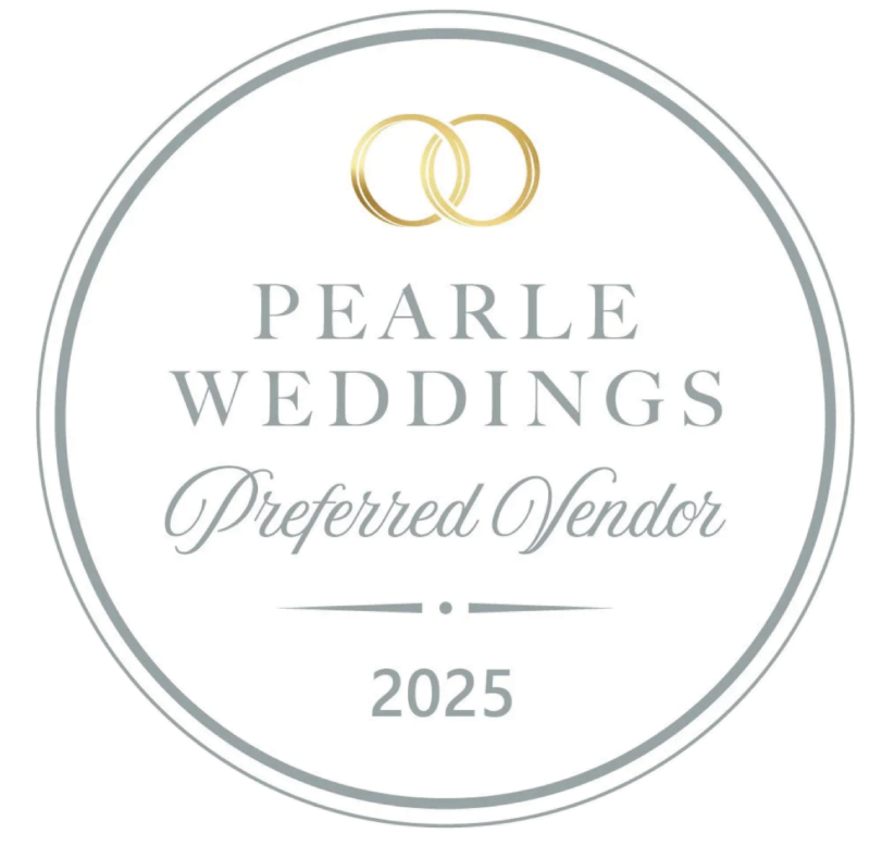 A logo for Pearle Weddings 2025 featuring two intertwined gold wedding rings and elegant gray text indicating it is a preferred vendor for 2025.