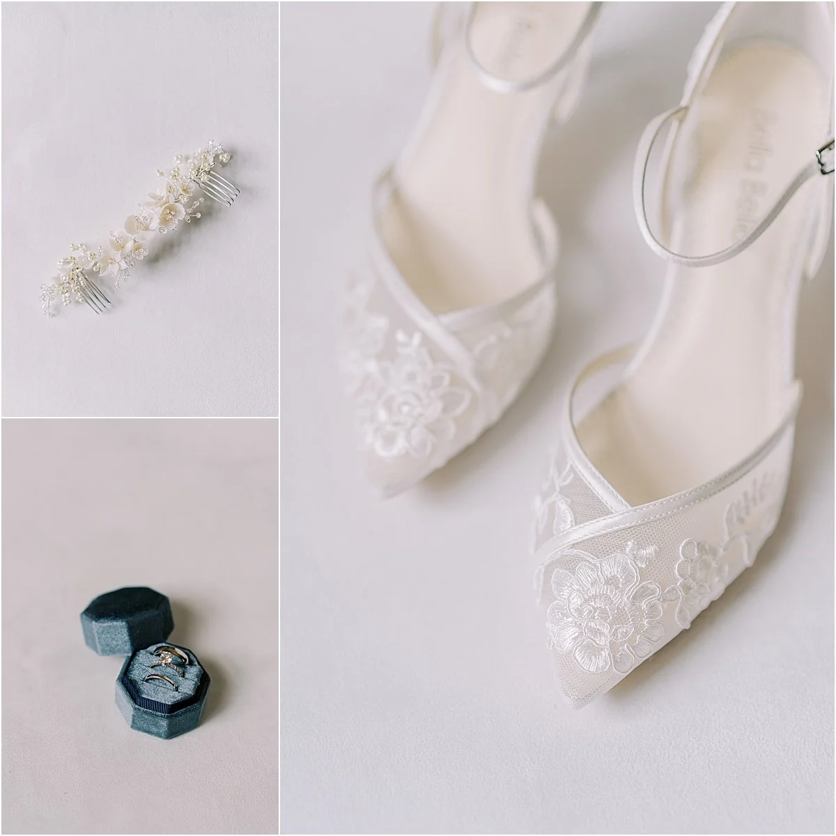 A bridal hair comb with flowers and pearls, a pair of white lace wedding shoes with floral embroidery, and an open ring box with wedding rings inside.