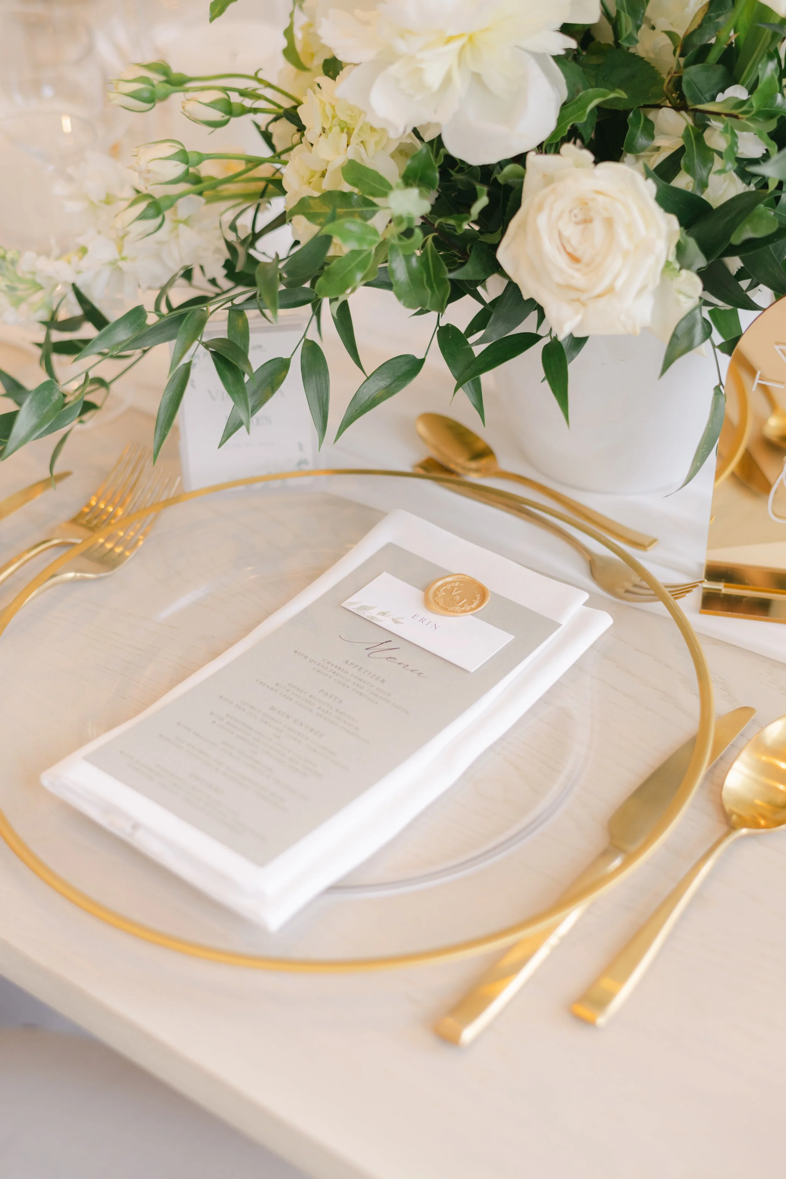 sage green wedding menu and wax seal