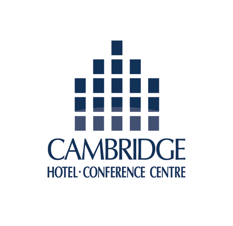 Logo for Cambridge Hotel and Conference Centre featuring a stylized building made of blue rectangles above the text