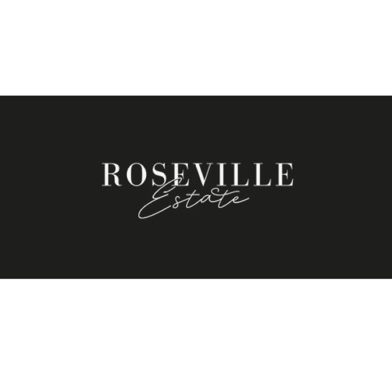 Black background with white text reading 'Roseville Estate' in elegant font.