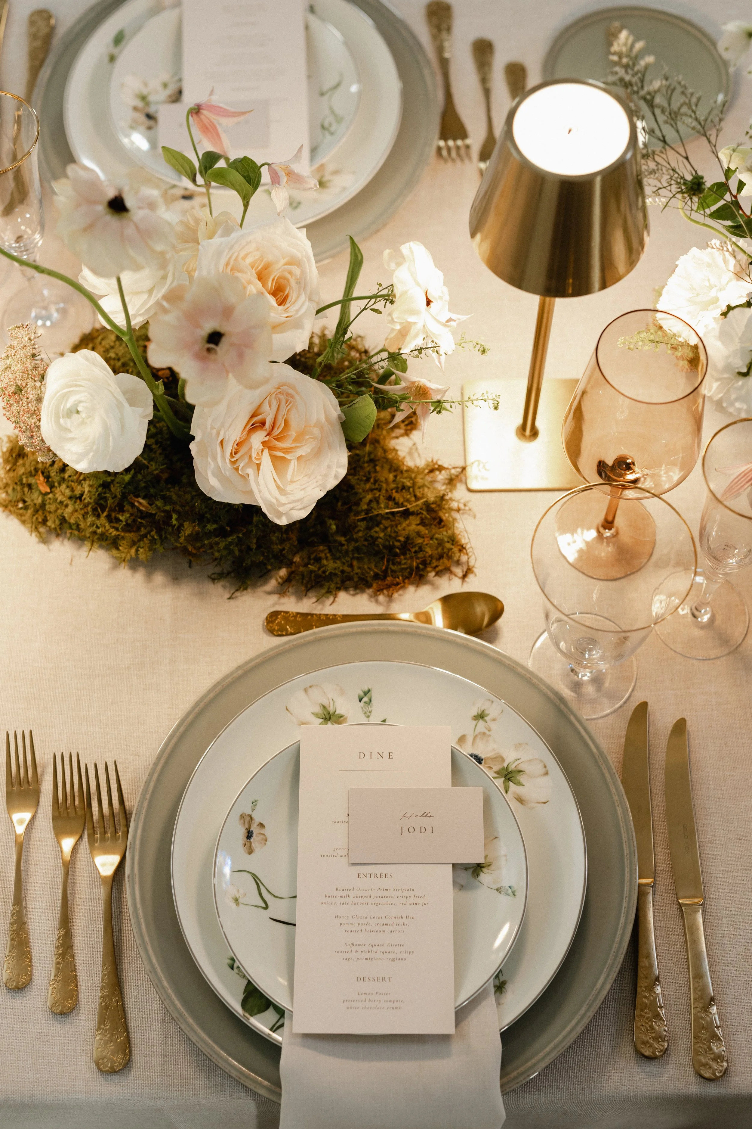 modern wedding menu and place card with gold cutlery