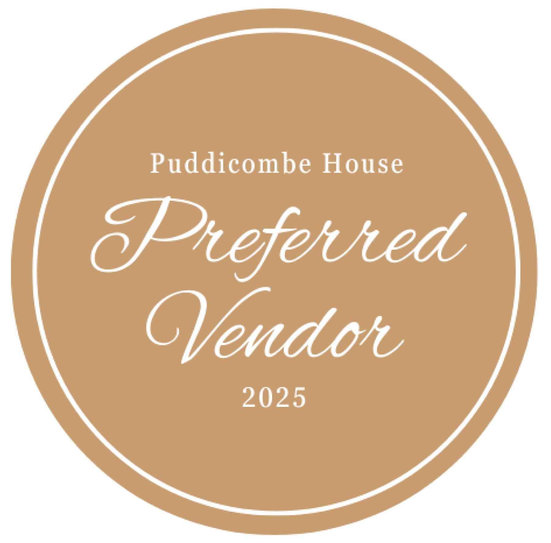 A circular emblem with a beige background and white borders, displaying the text 'Puddicombe House Preferred Vendor 2025' in elegant font.