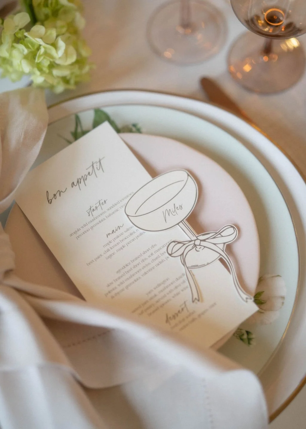 wedding menu with die-cut champagne glass place card