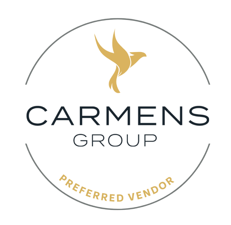 Carmens Group logo with a gold hummingbird and the text 'Carmens Group' and 'Preferred Vendor' around the circle.