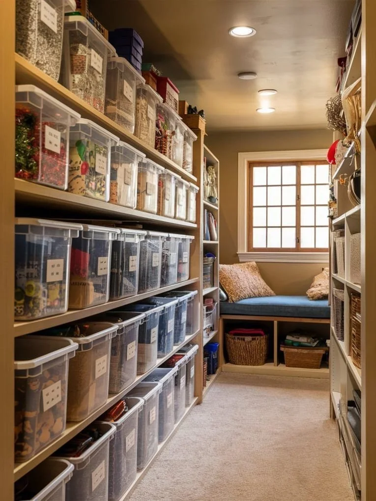 Finished basement with wall-to-wall shelving and labeled clear bins creating organized storage zones.