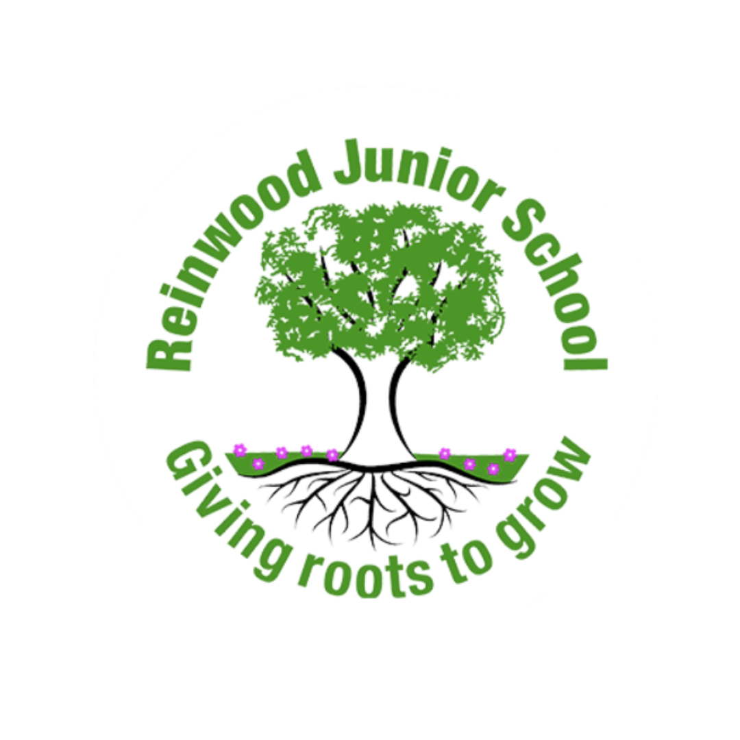 Logo featuring a green tree with roots visible beneath, encircled by the text 'Reinwood Junior School' at the top and 'Giving roots to grow' at the bottom.