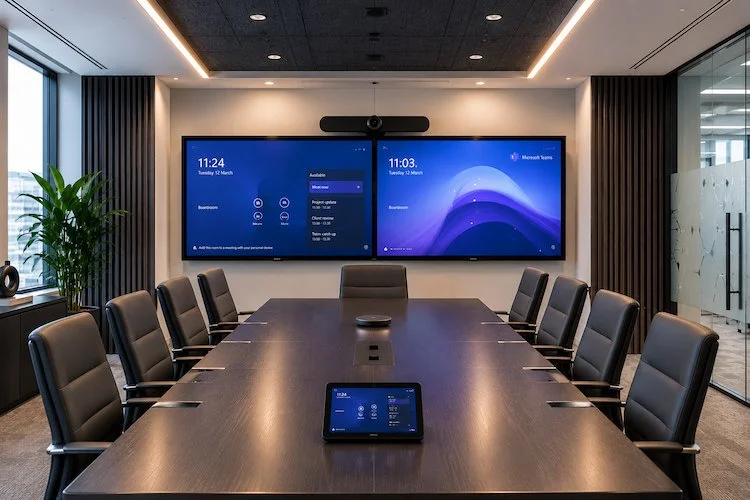 Large Microsoft Teams boardroom with dual displays, video conferencing camera and meeting room controller