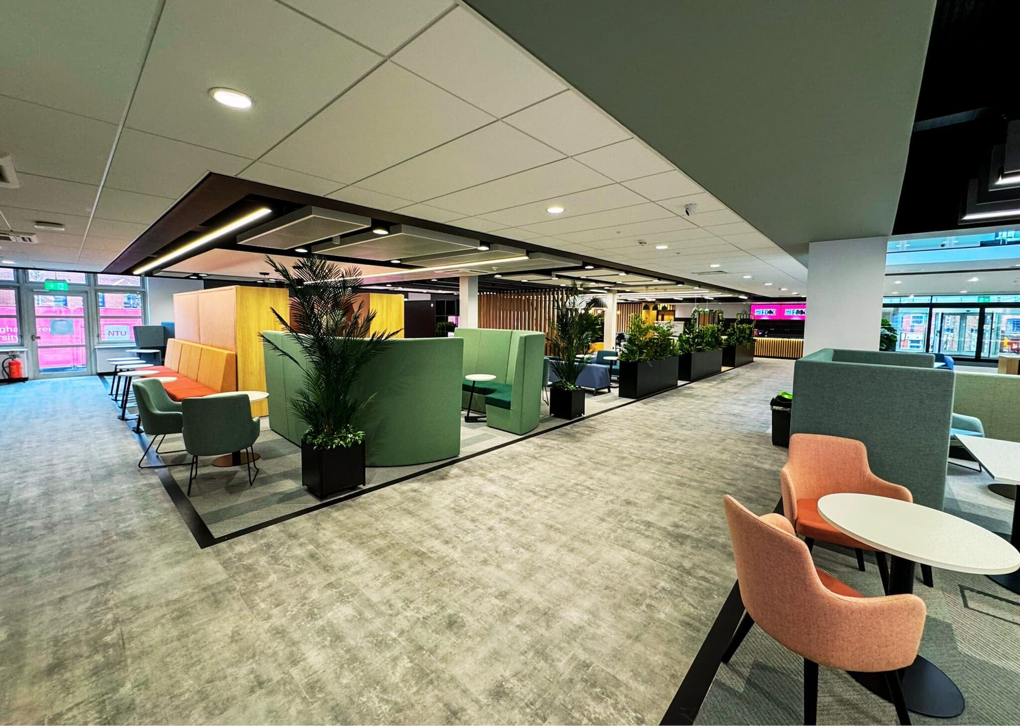 Modern indoor lounge with colorful chairs, high-backed booths, and potted plants, featuring large windows and bright lighting.