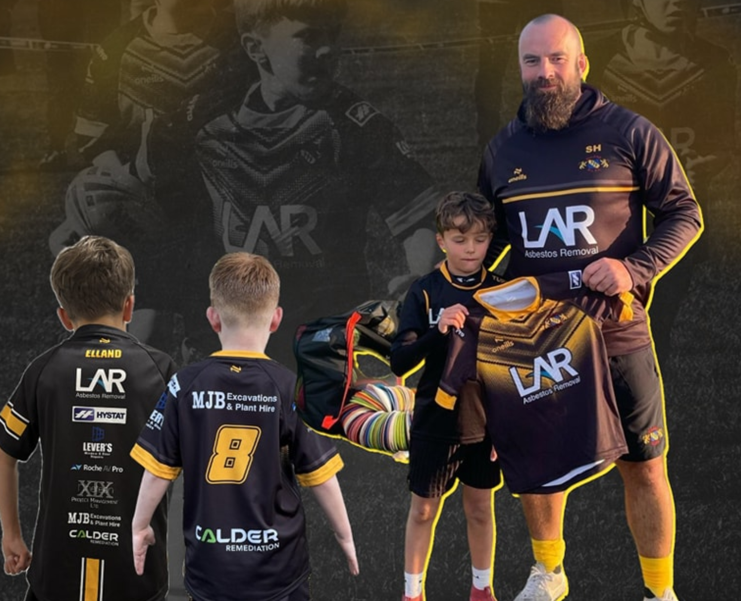 A group of young boys and a man in sports jerseys at an award ceremony, with the man handing a jersey to a boy. The jerseys are black with yellow accents and display sponsor logos, including 'LAR' and 'MJB Excavations & Plant Hire.' The background fe