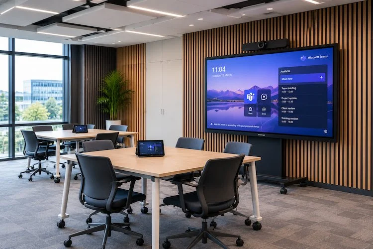 Microsoft Teams training and collaboration space with interactive display, camera and meeting room technology