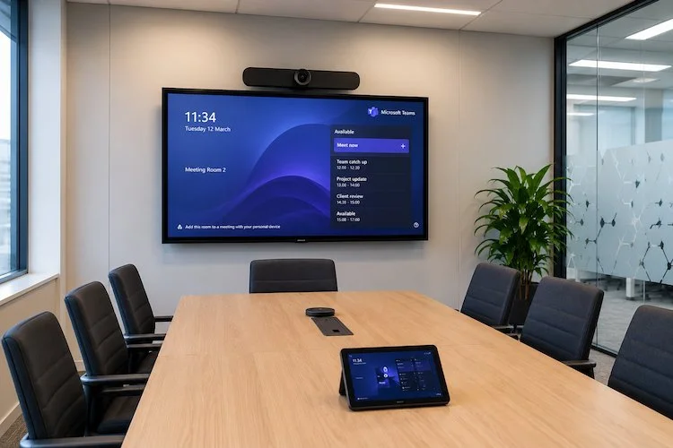 Medium Microsoft Teams meeting room with integrated display, camera and touchscreen controller