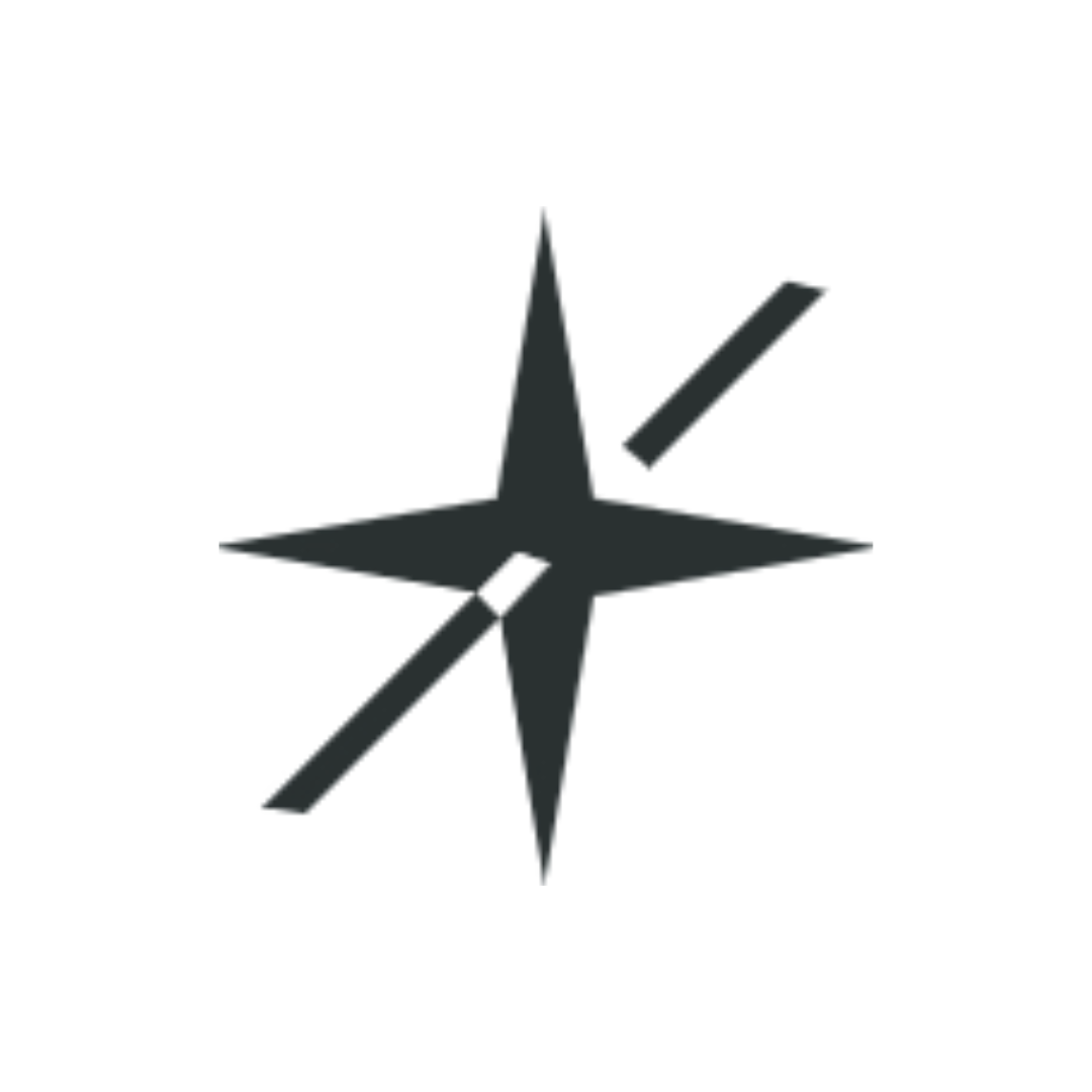 A black and white abstract star-like symbol with a diagonal line across it.