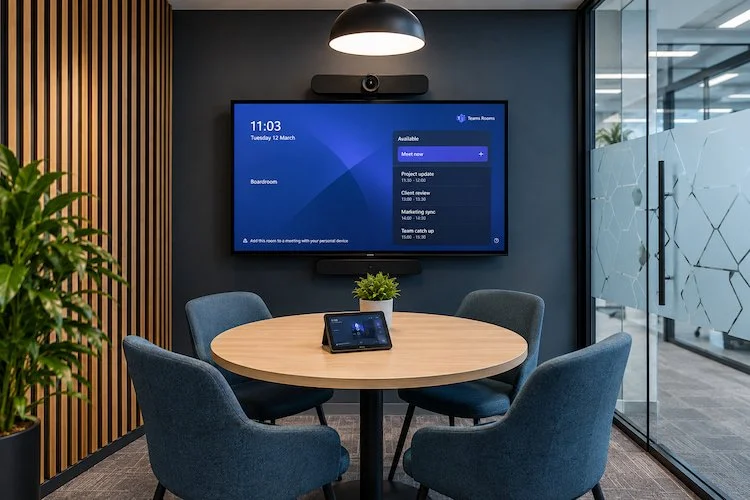 Small Microsoft Teams huddle room with display, video conferencing camera and meeting controller
