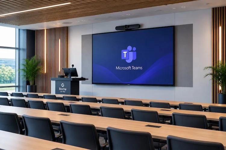Microsoft Teams hybrid teaching space with large display, video conferencing camera and classroom AV technology