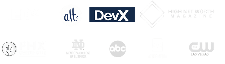 A series of logos of various media and entertainment companies, including TEDx, alt, DevX, HighNet Worth Magazine, PHX Stages, Indiana University Bloomington, ABC, Big Media, and The CW.