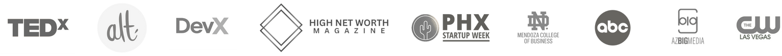 Logos of organizations Amy has spoken for: TEDx, DevX, PHX Startup Week, Notre Dame, ABC, and CW Network