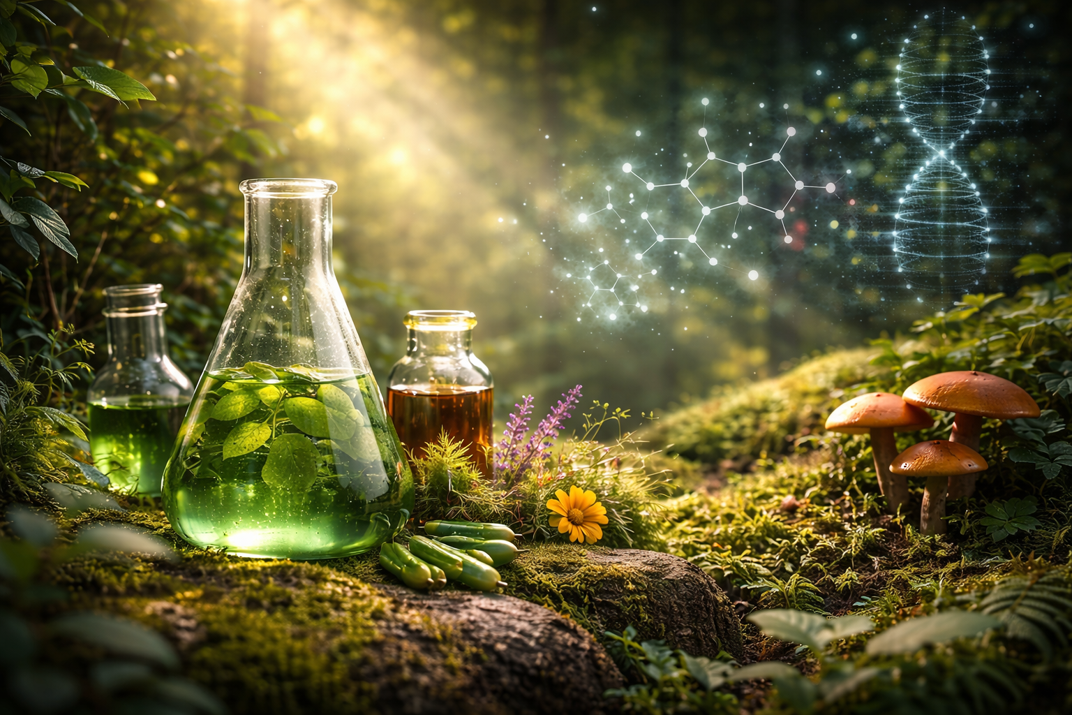 Glass lab flasks with green and brown liquids placed in a lush forest, surrounded by plants, flowers, and mushrooms, with molecular and DNA structures floating in the air.