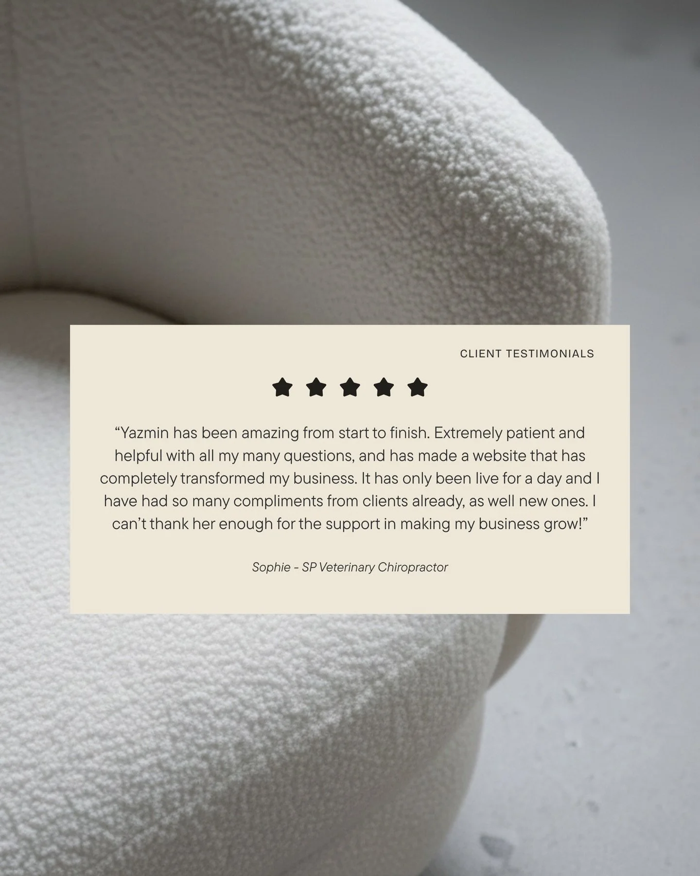 A few kind words from recent clients ✨
 I&rsquo;m so grateful for every project, every collaboration, and every person who trusts me with their brand and website.

If you&rsquo;d like to read more lovely reviews, you&rsquo;ll find them on my website 