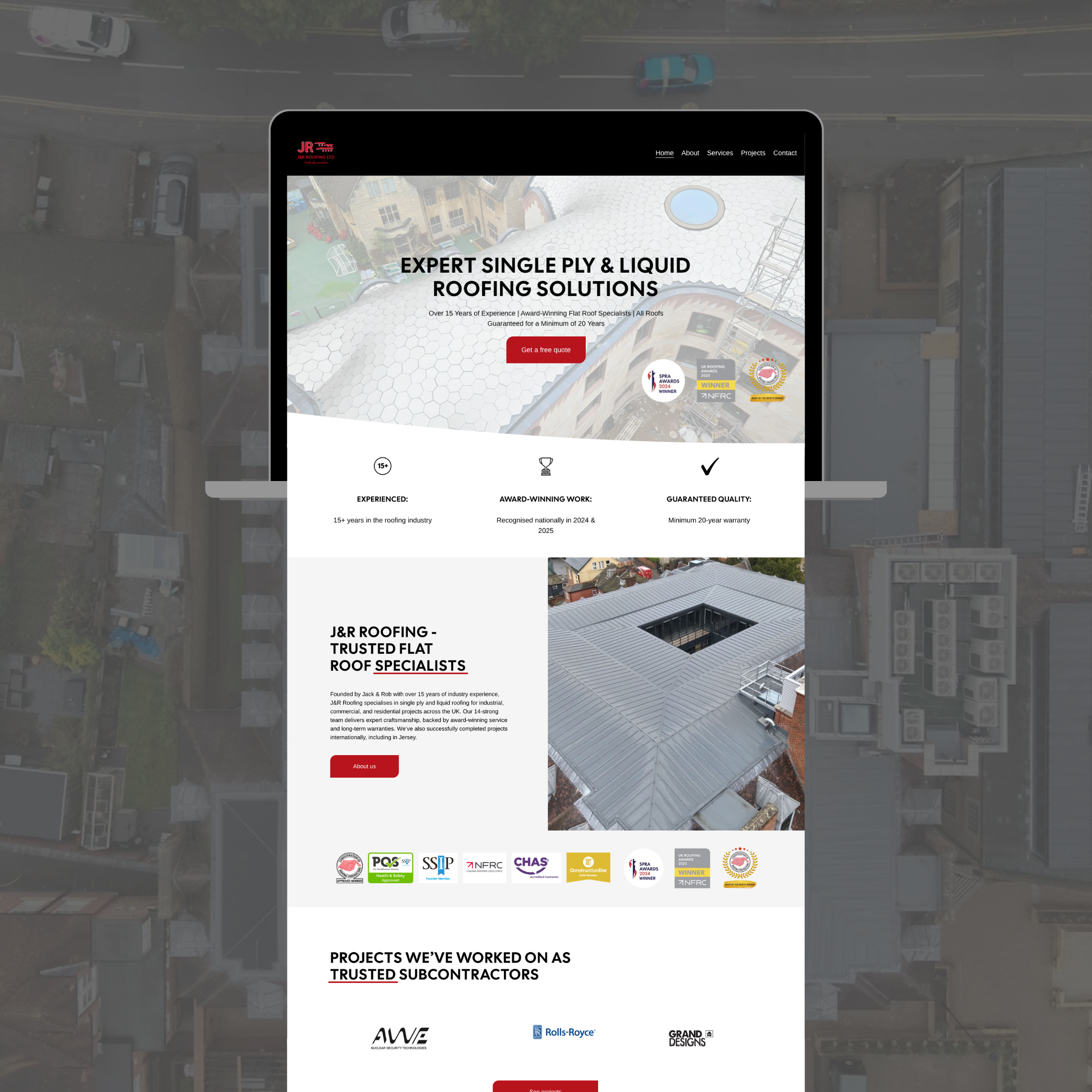 Screenshot of a roofing company's website on a tablet, featuring roofing projects, services, and awards, with an aerial cityscape background.
