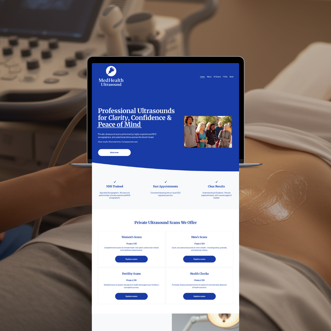 Screenshot of MedHealth Ultrasound website on a tablet in a medical setting, with ultrasound equipment and a patient's abdomen visible in the background.