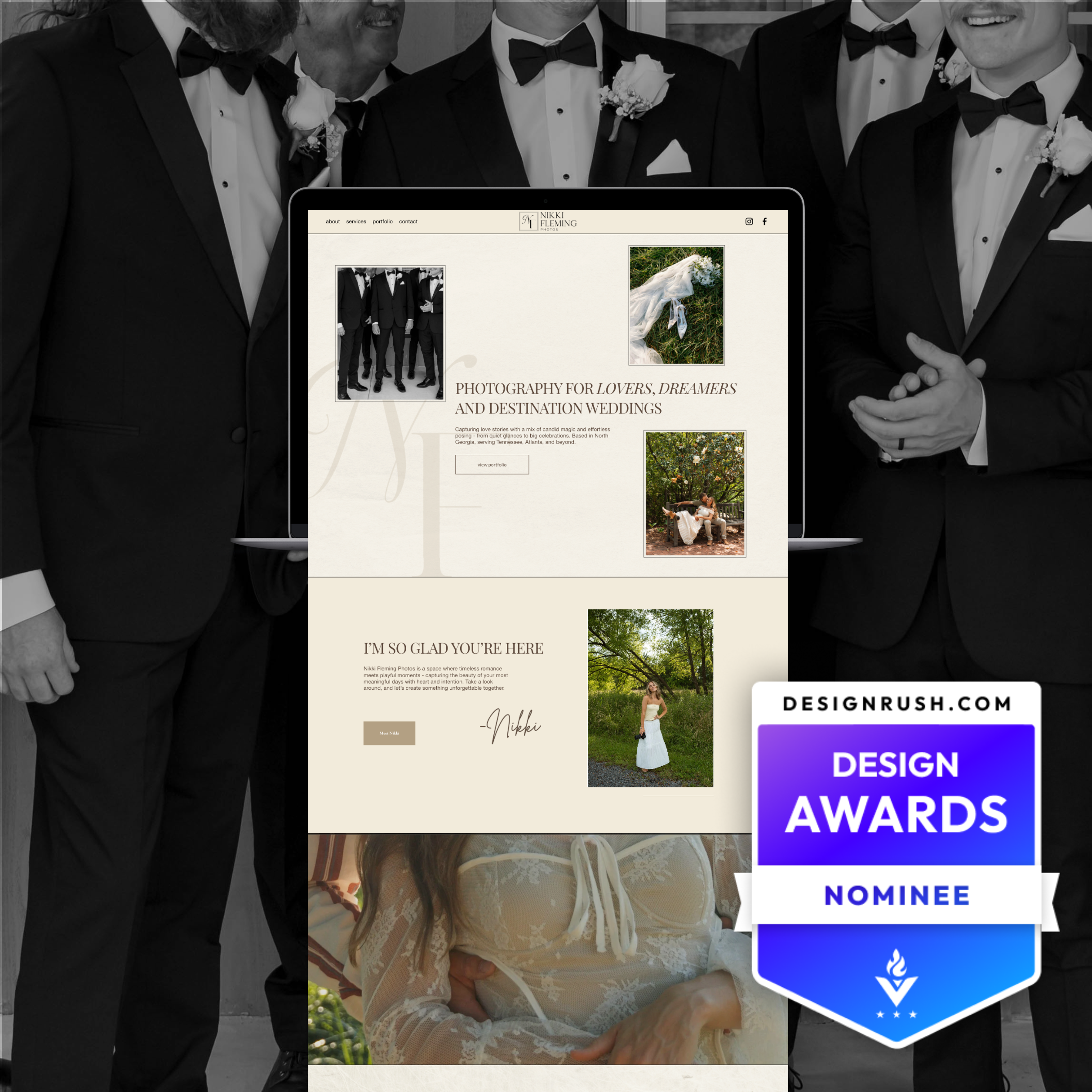 A screenshot of a wedding photography website on a tablet, with three images of wedding-related scenes and a welcome message from Nikki, surrounded by four men dressed in tuxedos, and a wedding award badge on the right.