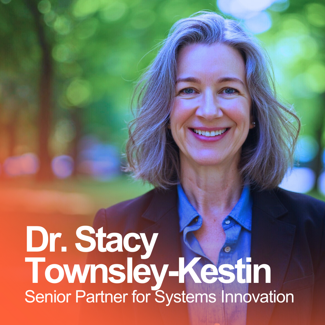 A woman with shoulder-length gray hair smiling outdoors with a background of green trees and bokeh lights, wearing a dark blazer and blue shirt, with text overlay 'Dr. Stacy Townsley-Kestin Senior Partner for Systems Innovation'.