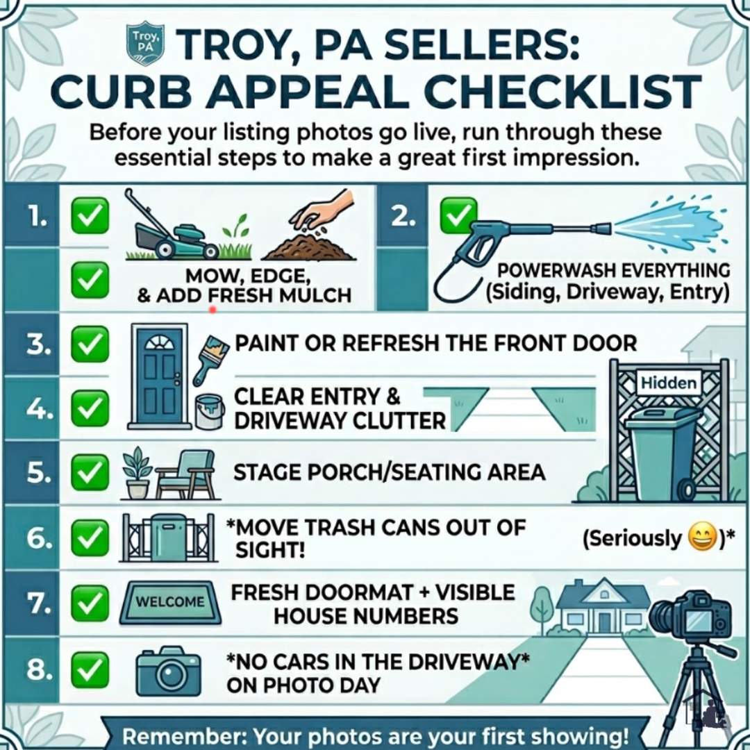 Your listing photos make or break your home sale. Use this curb appeal checklist before your Troy, PA home hits the market — and make buyers stop scrolling and start calling.