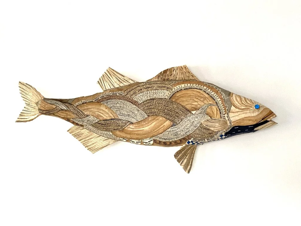 Striped bass with sweetgrass braid,  we are all connected, Summit of the Bay ll, commission from the Passamaquody Nation