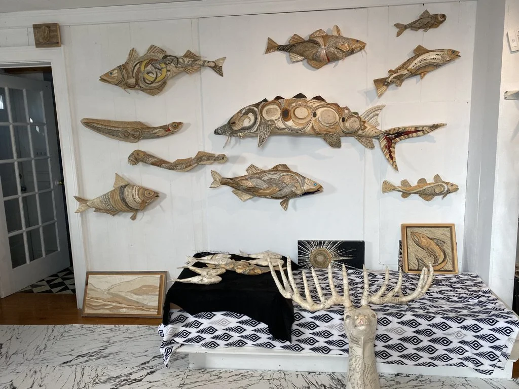 Grouping of  fish, we are all connected, Summit of the Bay ll, commission from the Passamaquody Nation