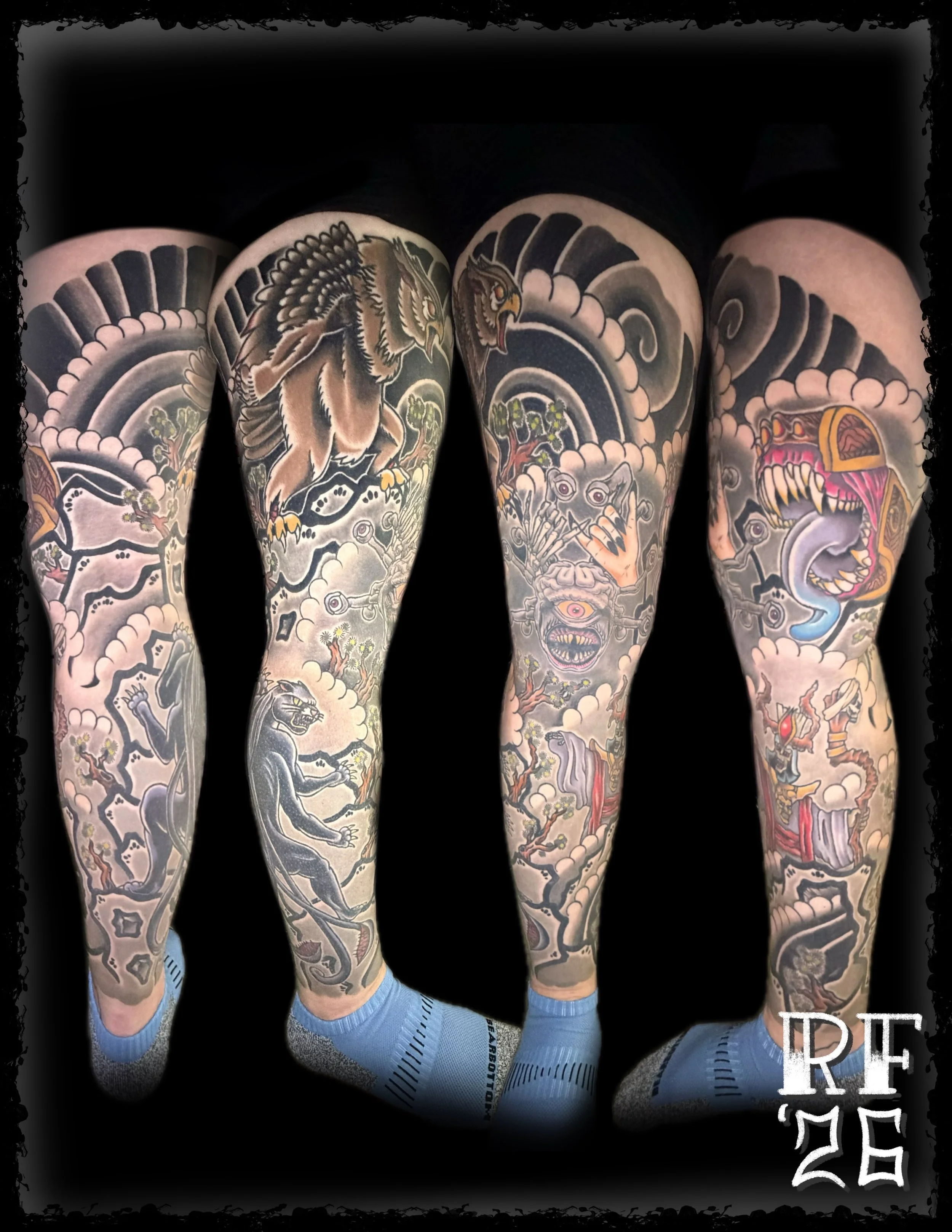 Japanese Dungeons and Dragons Tattoo Leg Sleeve by Rob Fehrman at Judgment Day Tattoo in Newport News, VA